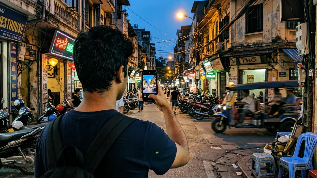 A traveller stands in an old-quarter street at dusk, holding a phone up to photograph the shophouses, parked scooters and a passing tuk-tuk.